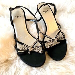 *3/$20* Black 1” Strappy Heels w/ Silver Dragonfly
